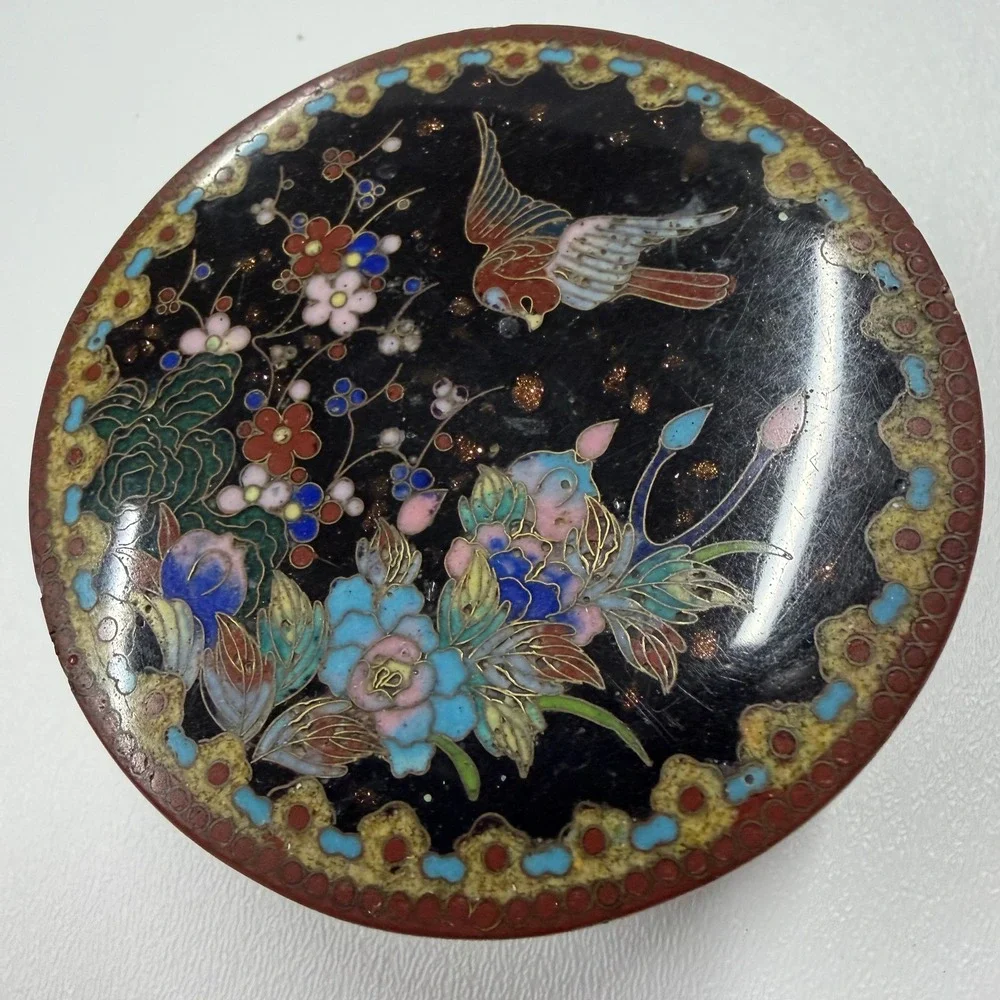 Vintage Chinese Cloisonne Enamel Trinket Box Bird Floral Black Blue Brass Round